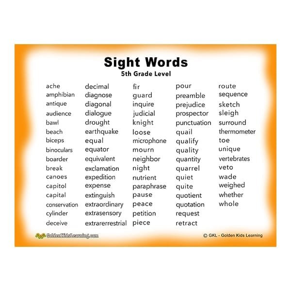 5th Grade Sight Words Printable List GKL Golden Kids Learning