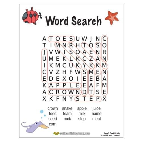 Free Word Search Worksheets for 1st Grade | Golden Kids Learning