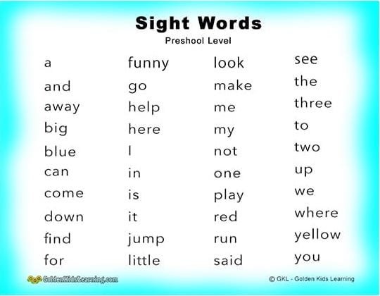 Sight Words Preschool Free Printable | Preschool Sight Words List