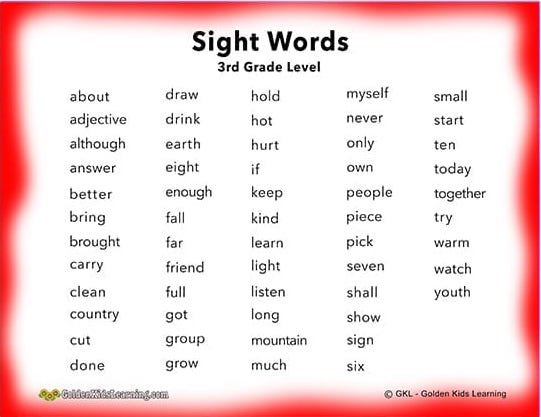 Sight Words 3rd Grade Printable | Sight Words List for 3rd Graders